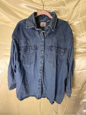 Levis Western Denim Shirt Mens XL Blue Pearl Snap Cowboy 100% Cotton